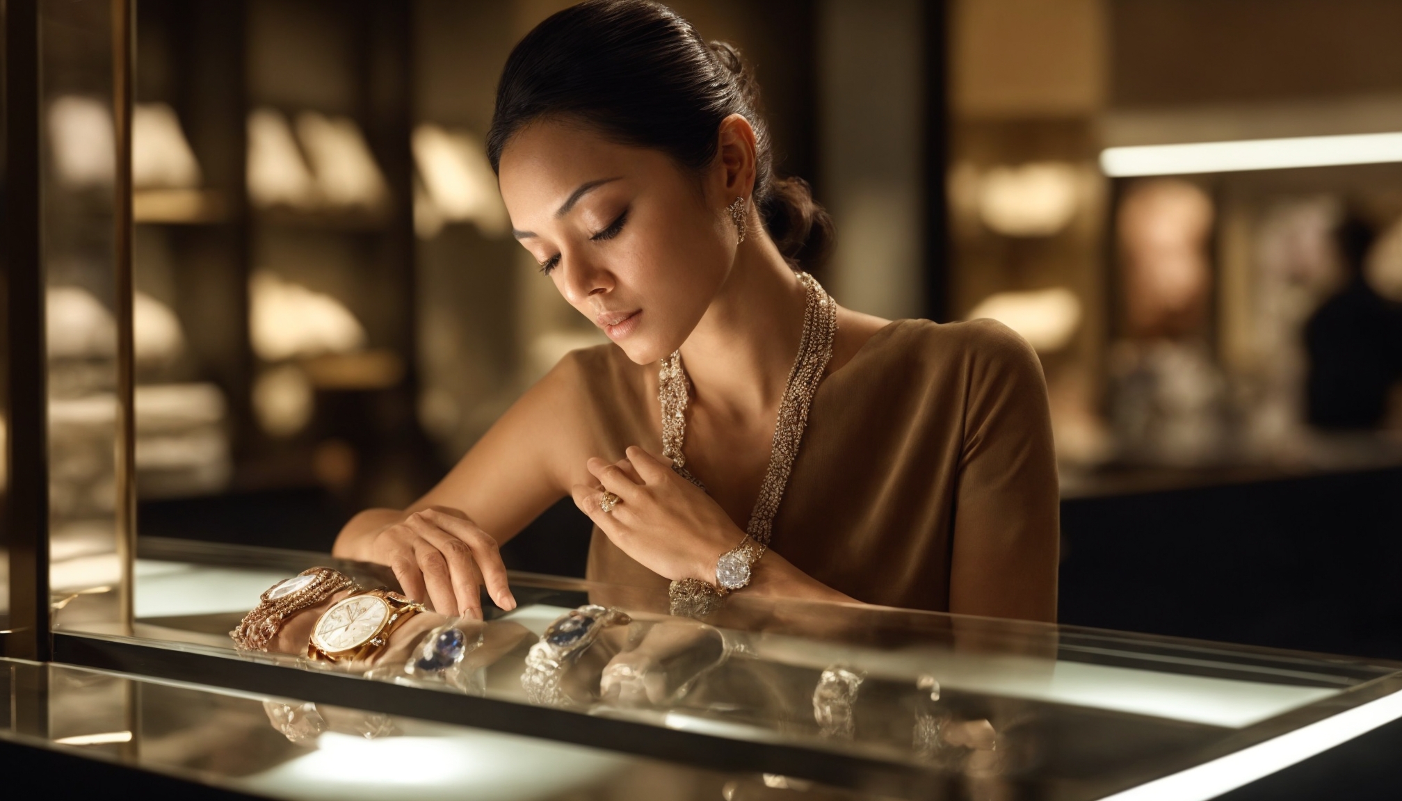 Wanita elegan memeriksa jam tangan mewah dan perhiasan berlian di meja butik premium