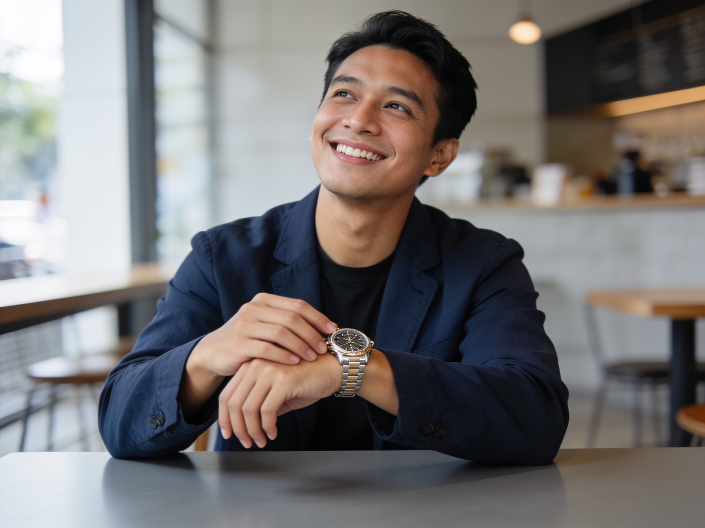 Pria Indonesia memeriksa detail jam tangan saat memadukan jam tangan perhiasan untuk gaya elegan.