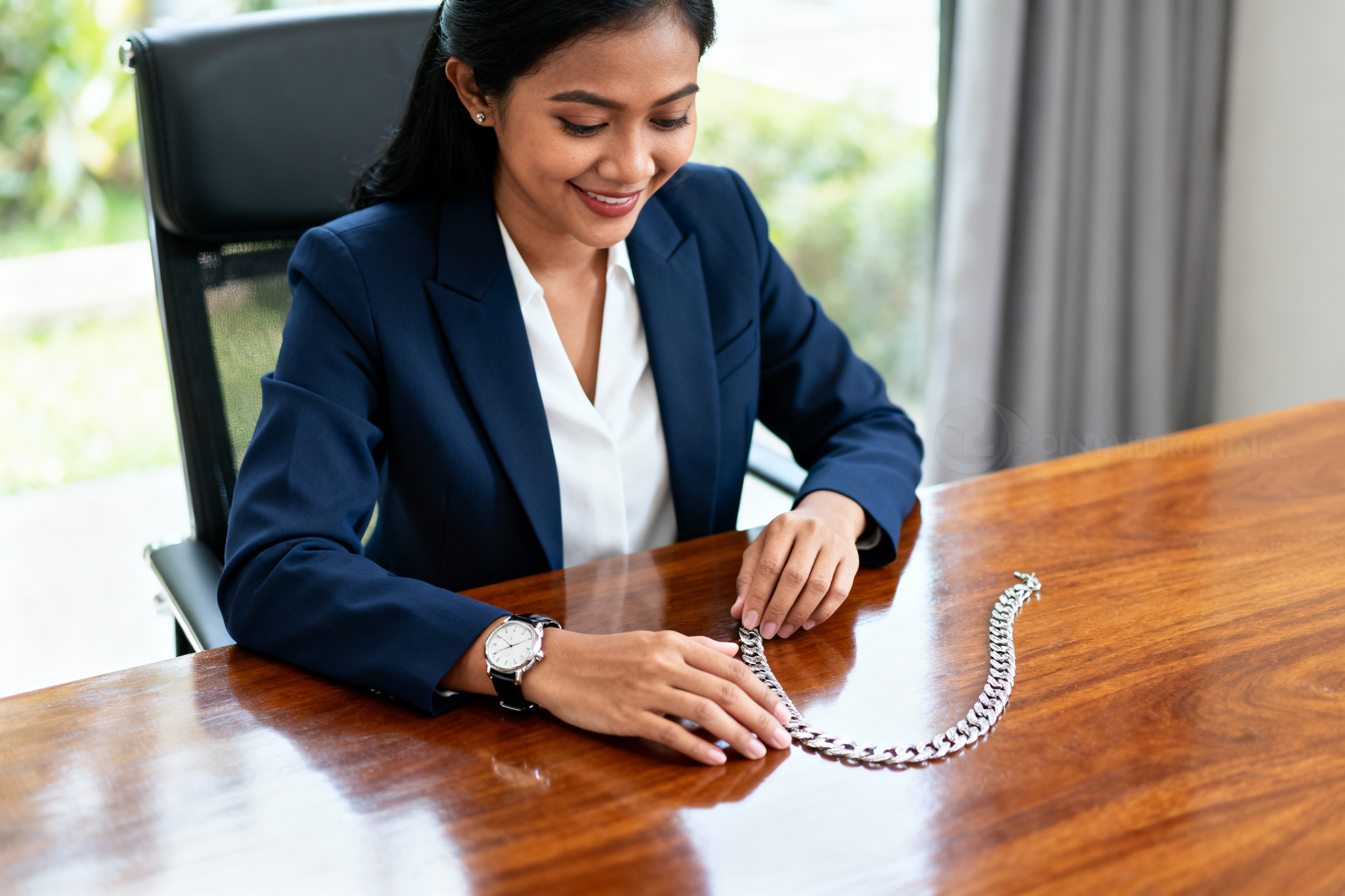 Panduan memilih accessories mewah menampilkan wanita Indonesia memeriksa jam tangan dan perhiasan platinum di meja kayu